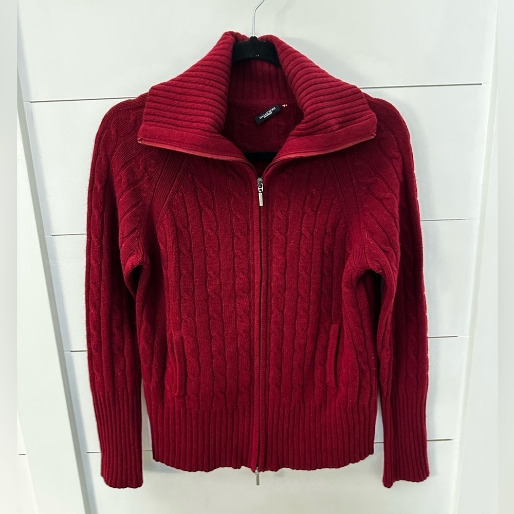 MAGASCHONI M Cashmere cable knit red zippered exaggerated collar cardigan